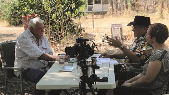 Vietnam veteran Mick Markham being interviewed by Michael Dodson and Allison Cadzow for the Serving Our Country project at his home in Pine Creek, Northern Territory, 14 September 2015. Photograph by Craig Greene. 