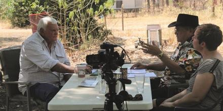 Vietnam veteran Mick Markham being interviewed by Michael Dodson and Allison Cadzow for the Serving Our Country project at his home in Pine Creek, Northern Territory, 14 September 2015. Photograph by Craig Greene. 
