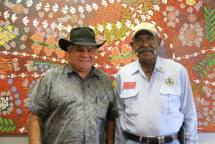 Mick Dodson and Francis Hayes at the Katherine Yarn Up, held at the Northern Australian Aboriginal Justice Agency, 2015. Francis’s shirt commemorates his service (Image: Craig Greene).