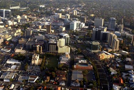 Aerial view of the Parramatta Central Business District in the western suburbs of Sydney. (AAP)